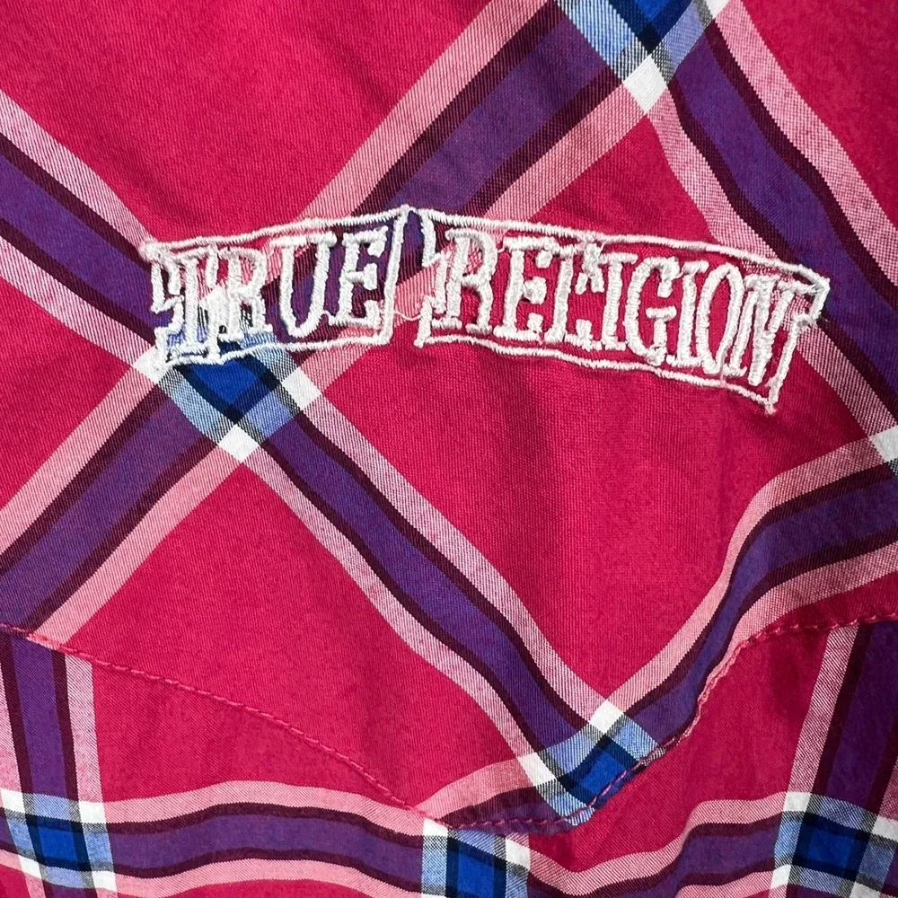 True Religion Western Pearl Snap Shirt Mens XL Pink Plaid Short Sleeve EUC
